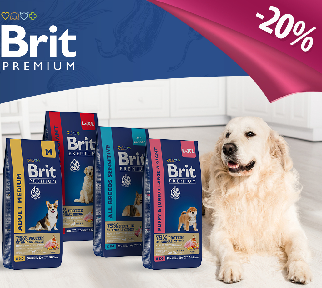 -20% на большие упаковки корма Brit Premium для собак до конца февраля!