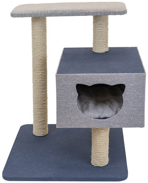 Когтеточка для кошек домик квадратный с полочкой Дарэлл серия Navy рогожка, столбик беленый джут (83952)