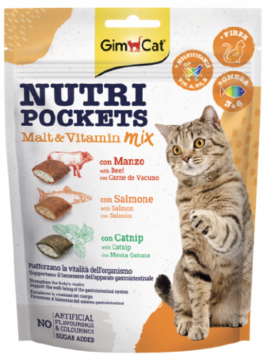 GimCat Лакомство для кошек Nutri Pockets Malt-Vitamin Mix (говядина, рыба, кошачья мята) 150гр (арт.927657)