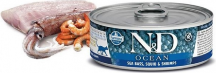 Farmina N&D Grain Free Ocean Sea Bass, Squid, Shrimp - влажный корм для взрослых кошек (сибас, кальмар, креветки), 80 г